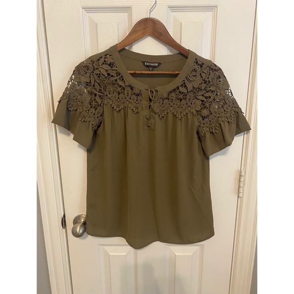 Express Tops - Express Blouse Top Womens Small Olive Green Crochet Lace Short Sleeve Boho